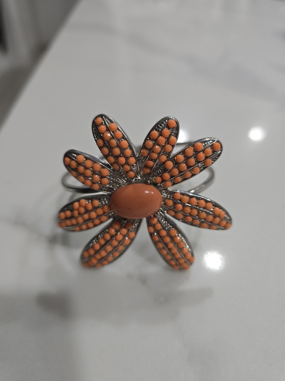 Vintage Style Coral Orange Daisy Flower Cuff Bracelet Hinged Silver Tone Boho